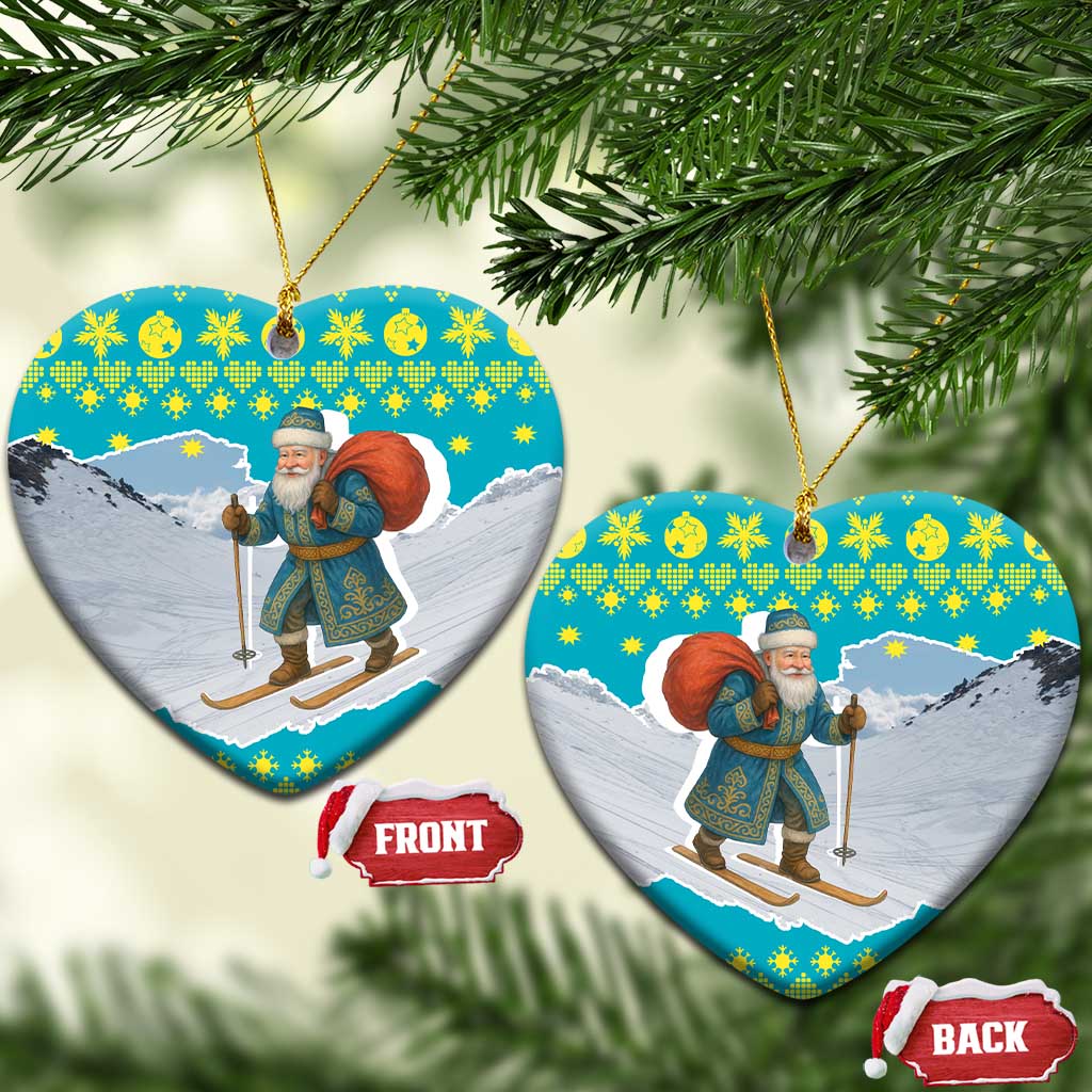 Kazakhstan Christmas Ceramic Ornament with Santa Skiing in Traditional Outfit Snow Mountain and Sun Pattern - Wonder Print Shop