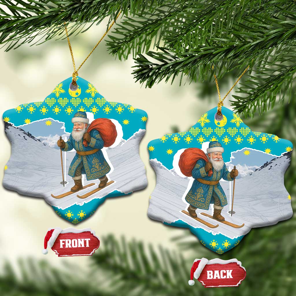 Kazakhstan Christmas Ceramic Ornament with Santa Skiing in Traditional Outfit Snow Mountain and Sun Pattern - Wonder Print Shop