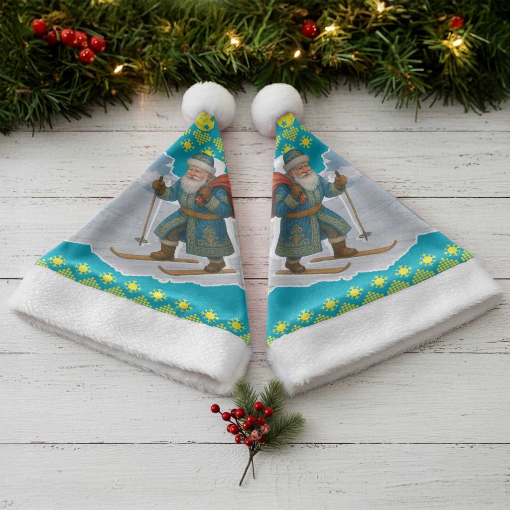 Kazakhstan Christmas Santa Hat with Santa Skiing in Traditional Outfit Snow Mountain and Sun Pattern - Wonder Print Shop