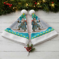 Kazakhstan Christmas Santa Hat with Santa Skiing in Traditional Outfit Snow Mountain and Sun Pattern - Wonder Print Shop