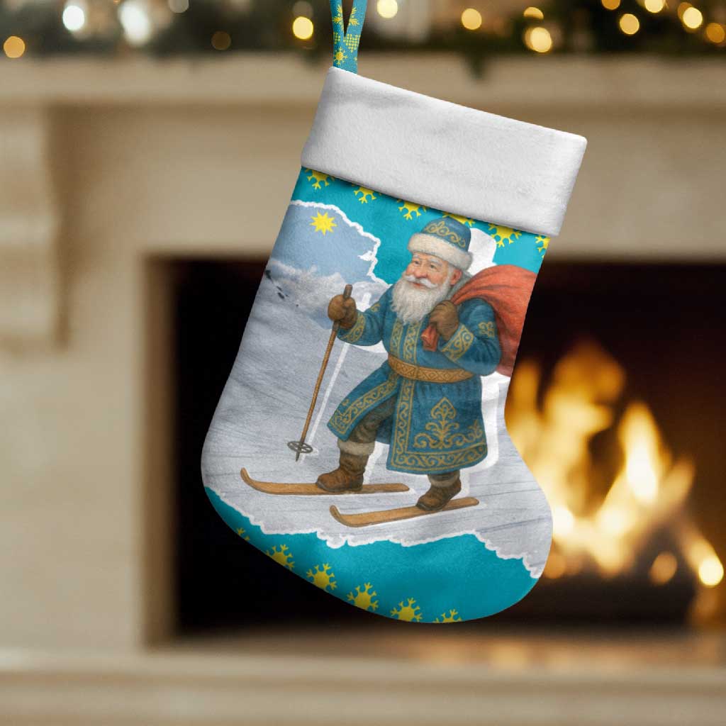 Kazakhstan Christmas Stocking with Santa Skiing in Traditional Outfit Snow Mountain and Sun Pattern - Wonder Print Shop