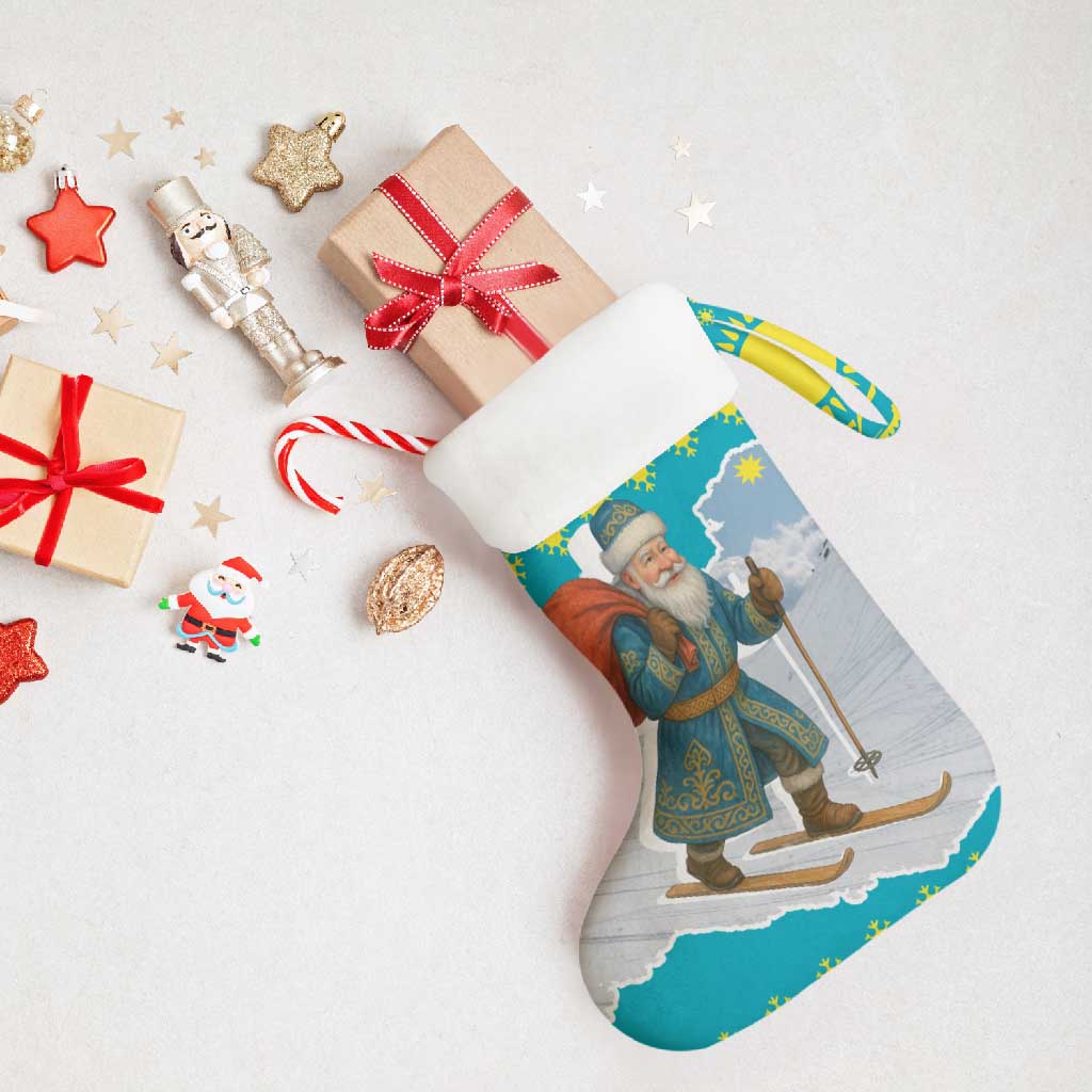 Kazakhstan Christmas Stocking with Santa Skiing in Traditional Outfit Snow Mountain and Sun Pattern - Wonder Print Shop
