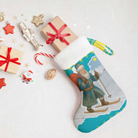 Kazakhstan Christmas Stocking with Santa Skiing in Traditional Outfit Snow Mountain and Sun Pattern - Wonder Print Shop