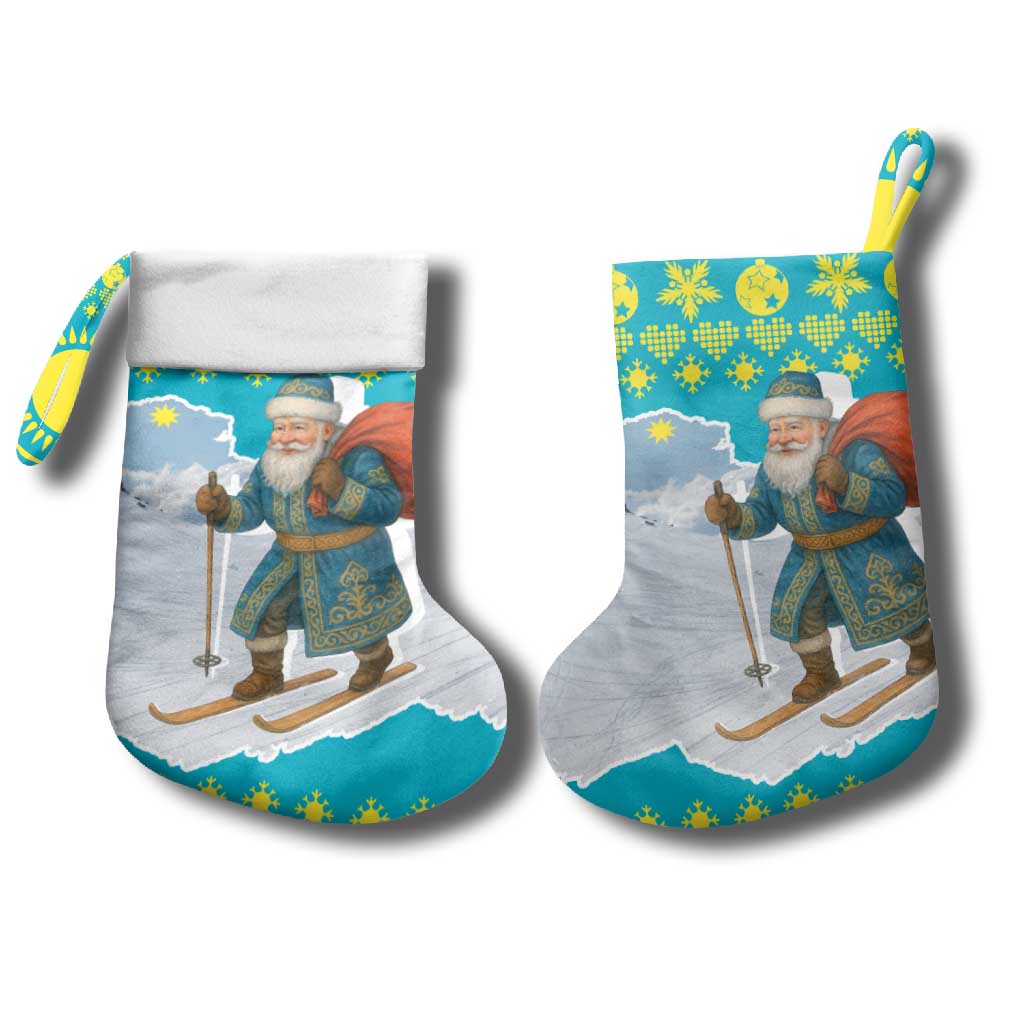 Kazakhstan Christmas Stocking with Santa Skiing in Traditional Outfit Snow Mountain and Sun Pattern - Wonder Print Shop