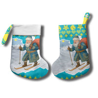 Kazakhstan Christmas Stocking with Santa Skiing in Traditional Outfit Snow Mountain and Sun Pattern - Wonder Print Shop