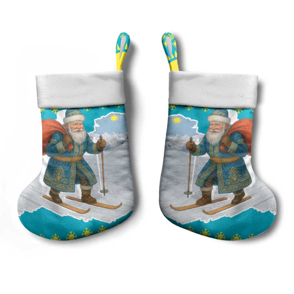 Kazakhstan Christmas Stocking with Santa Skiing in Traditional Outfit Snow Mountain and Sun Pattern - Wonder Print Shop