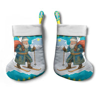 Kazakhstan Christmas Stocking with Santa Skiing in Traditional Outfit Snow Mountain and Sun Pattern - Wonder Print Shop
