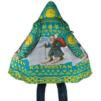 Kazakhstan Christmas Cloak with Santa Skiing in Traditional Outfit Snow Mountain and Sun Pattern - Wonder Print Shop