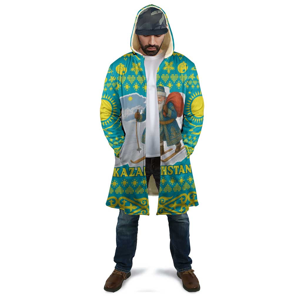 Kazakhstan Christmas Cloak with Santa Skiing in Traditional Outfit Snow Mountain and Sun Pattern - Wonder Print Shop