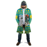 Kazakhstan Christmas Cloak with Santa Skiing in Traditional Outfit Snow Mountain and Sun Pattern - Wonder Print Shop