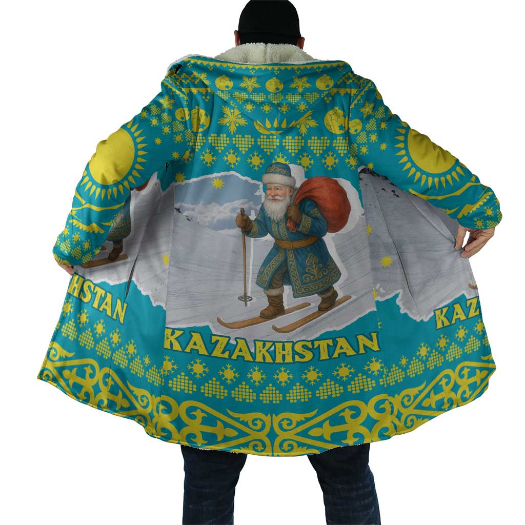 Kazakhstan Christmas Cloak with Santa Skiing in Traditional Outfit Snow Mountain and Sun Pattern - Wonder Print Shop
