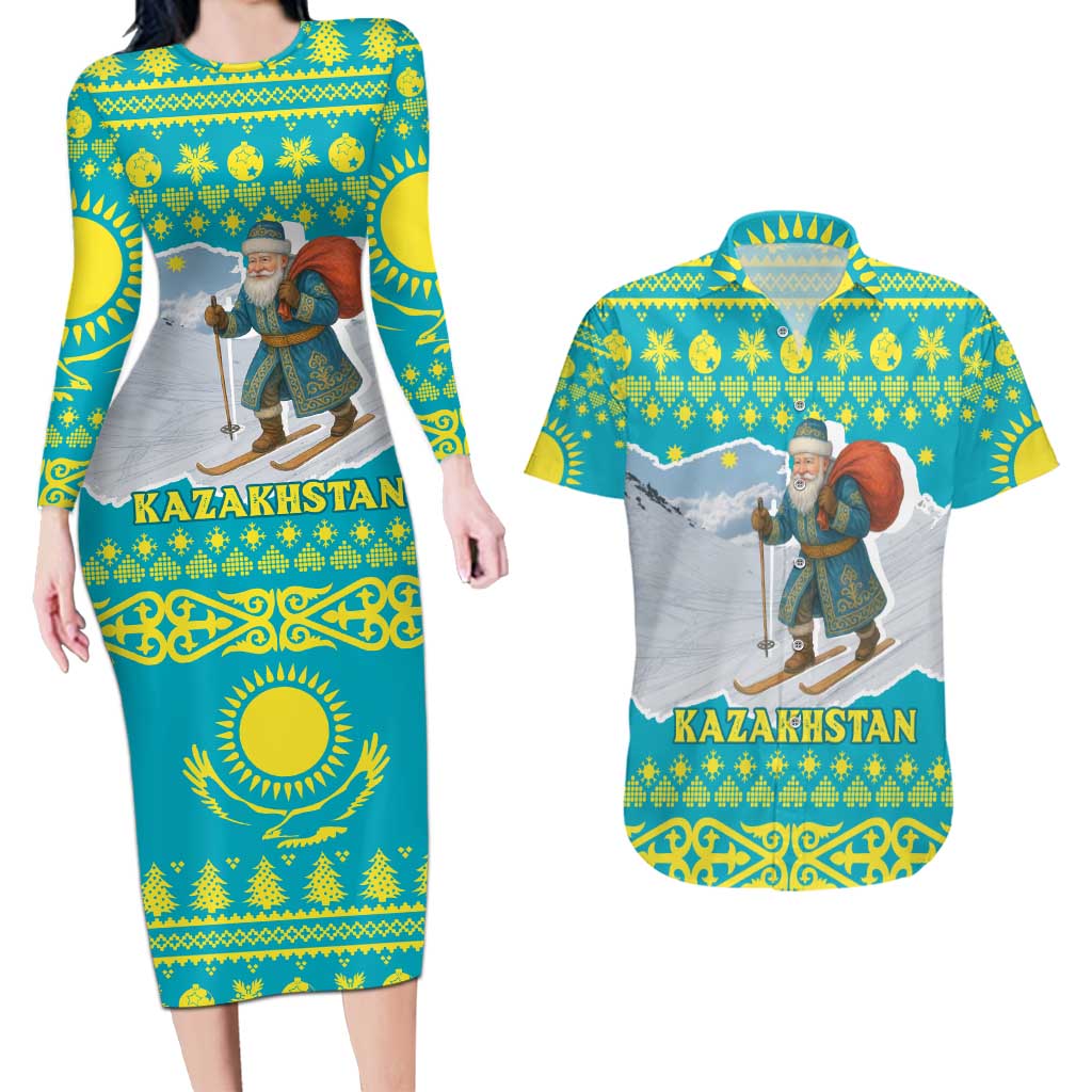 Kazakhstan Christmas Couples Matching Long Sleeve Bodycon Dress and Hawaiian Shirt with Santa Skiing in Traditional Outfit Snow Mountain and Sun Pattern - Wonder Print Shop