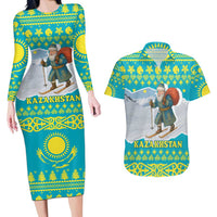 Kazakhstan Christmas Couples Matching Long Sleeve Bodycon Dress and Hawaiian Shirt with Santa Skiing in Traditional Outfit Snow Mountain and Sun Pattern - Wonder Print Shop