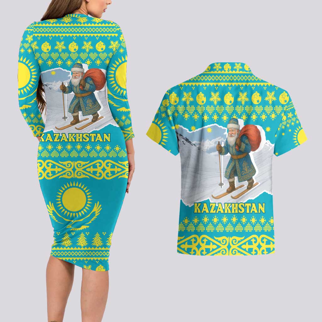 Kazakhstan Christmas Couples Matching Long Sleeve Bodycon Dress and Hawaiian Shirt with Santa Skiing in Traditional Outfit Snow Mountain and Sun Pattern - Wonder Print Shop