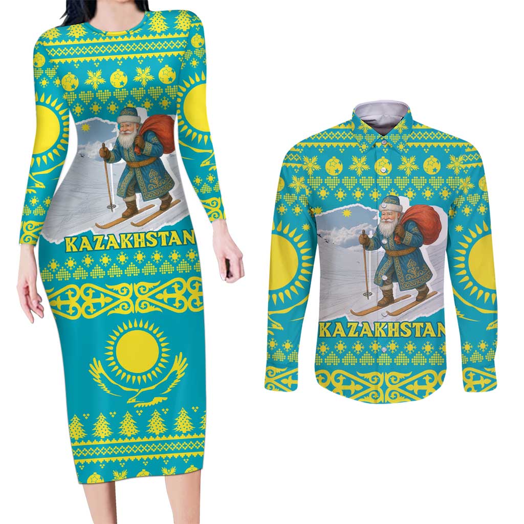 Kazakhstan Christmas Couples Matching Long Sleeve Bodycon Dress and Long Sleeve Button Shirt with Santa Skiing in Traditional Outfit Snow Mountain and Sun Pattern - Wonder Print Shop