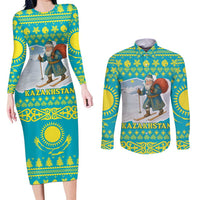 Kazakhstan Christmas Couples Matching Long Sleeve Bodycon Dress and Long Sleeve Button Shirt with Santa Skiing in Traditional Outfit Snow Mountain and Sun Pattern - Wonder Print Shop