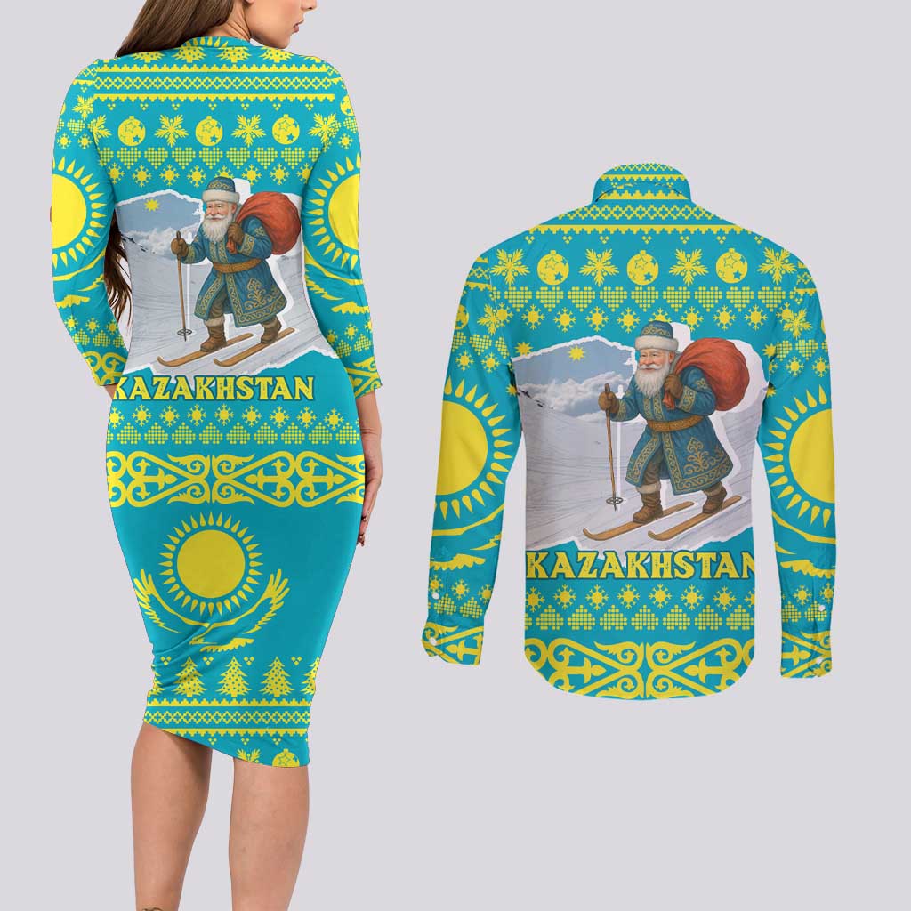Kazakhstan Christmas Couples Matching Long Sleeve Bodycon Dress and Long Sleeve Button Shirt with Santa Skiing in Traditional Outfit Snow Mountain and Sun Pattern - Wonder Print Shop