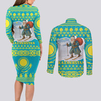 Kazakhstan Christmas Couples Matching Long Sleeve Bodycon Dress and Long Sleeve Button Shirt with Santa Skiing in Traditional Outfit Snow Mountain and Sun Pattern - Wonder Print Shop