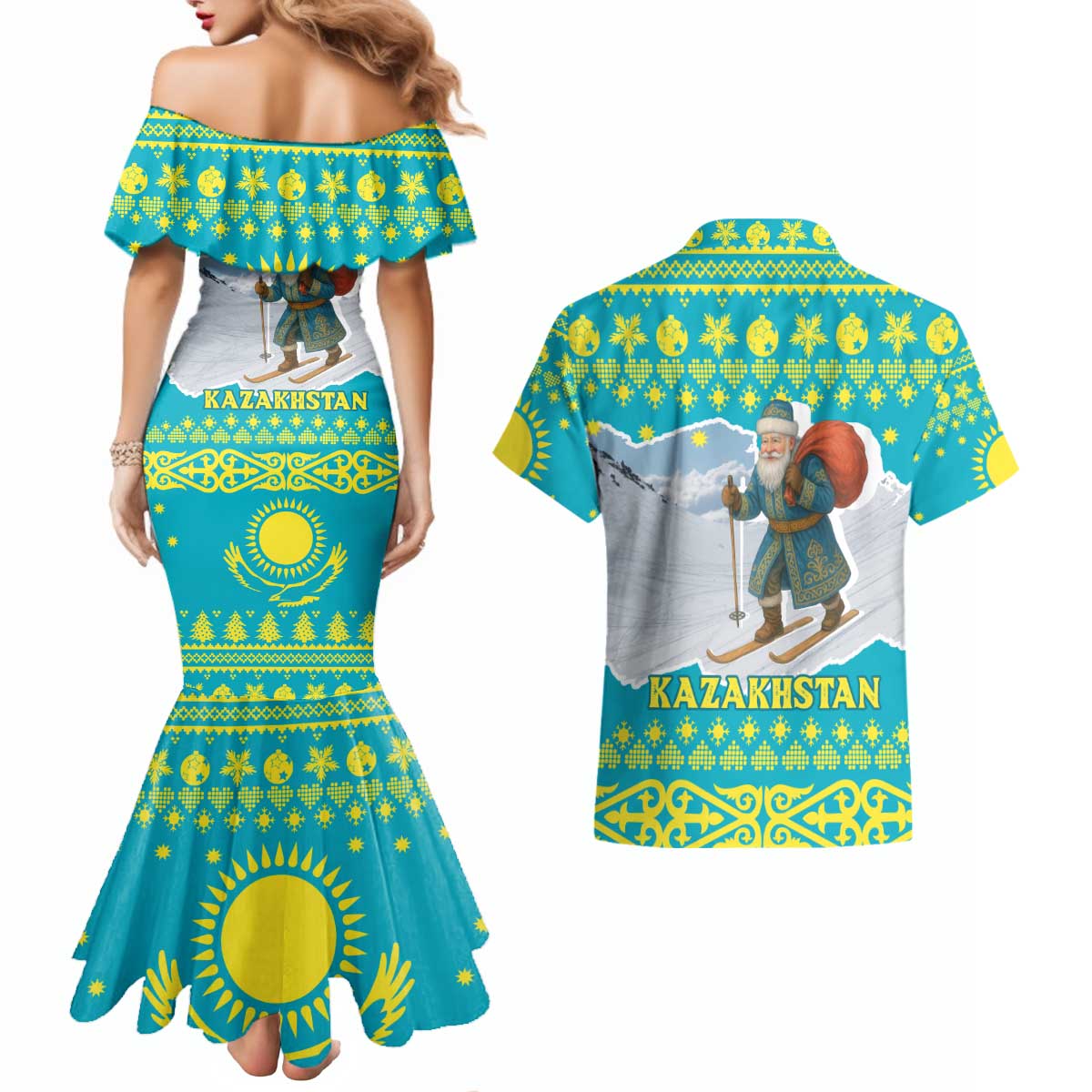 Kazakhstan Christmas Couples Matching Mermaid Dress and Hawaiian Shirt with Santa Skiing in Traditional Outfit Snow Mountain and Sun Pattern - Wonder Print Shop