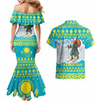 Kazakhstan Christmas Couples Matching Mermaid Dress and Hawaiian Shirt with Santa Skiing in Traditional Outfit Snow Mountain and Sun Pattern - Wonder Print Shop
