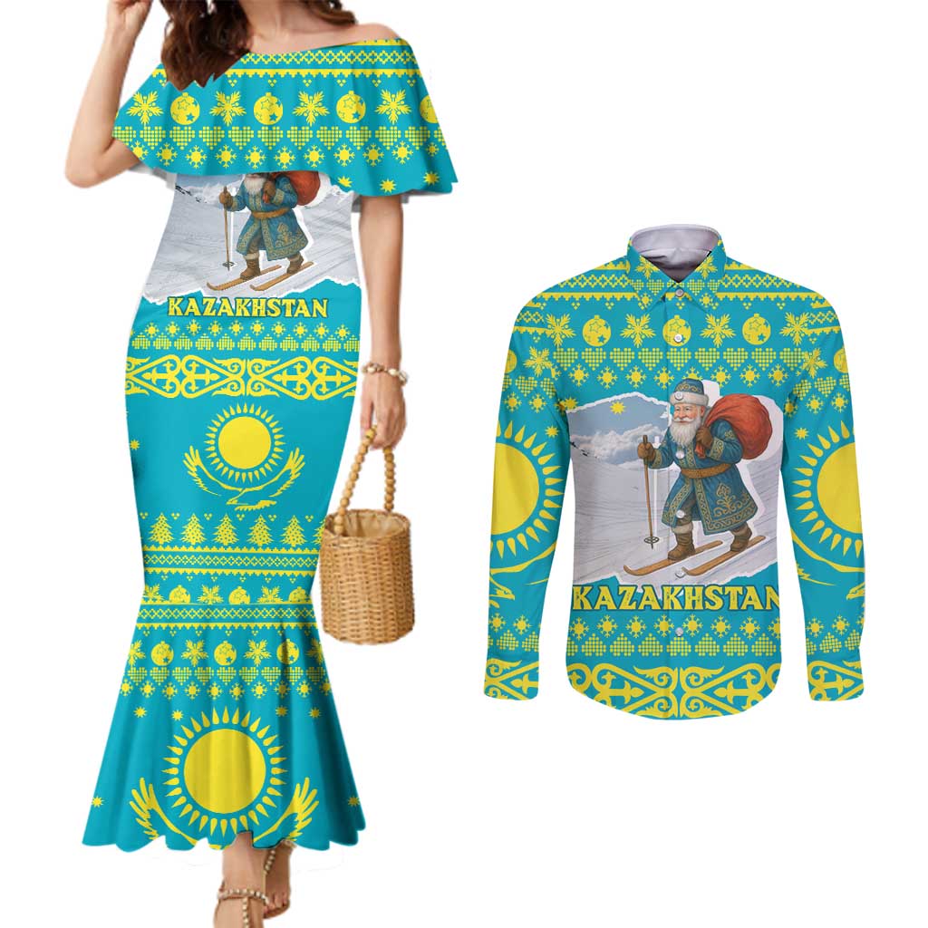 Kazakhstan Christmas Couples Matching Mermaid Dress and Long Sleeve Button Shirt with Santa Skiing in Traditional Outfit Snow Mountain and Sun Pattern - Wonder Print Shop