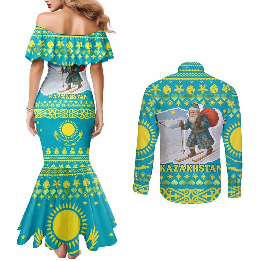 Kazakhstan Christmas Couples Matching Mermaid Dress and Long Sleeve Button Shirt with Santa Skiing in Traditional Outfit Snow Mountain and Sun Pattern - Wonder Print Shop