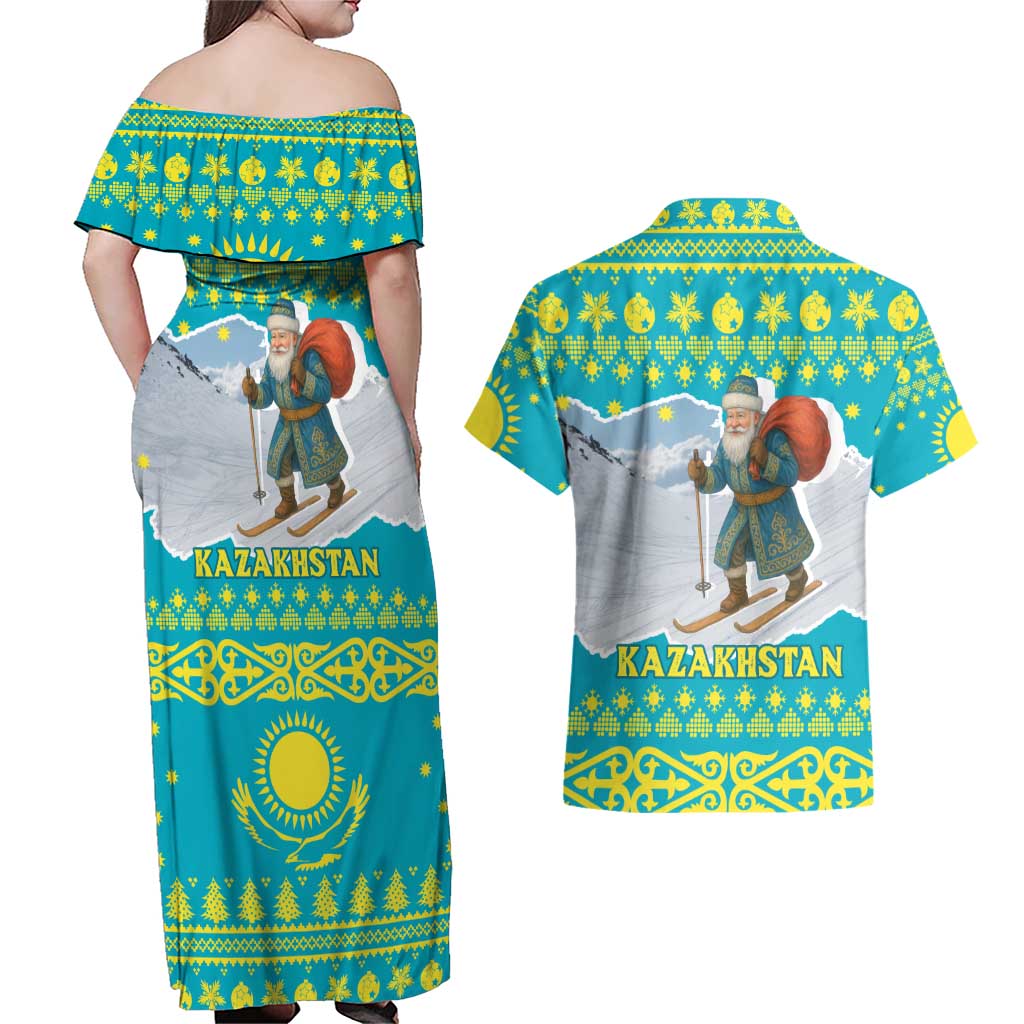 Kazakhstan Christmas Couples Matching Off Shoulder Maxi Dress and Hawaiian Shirt with Santa Skiing in Traditional Outfit Snow Mountain and Sun Pattern - Wonder Print Shop