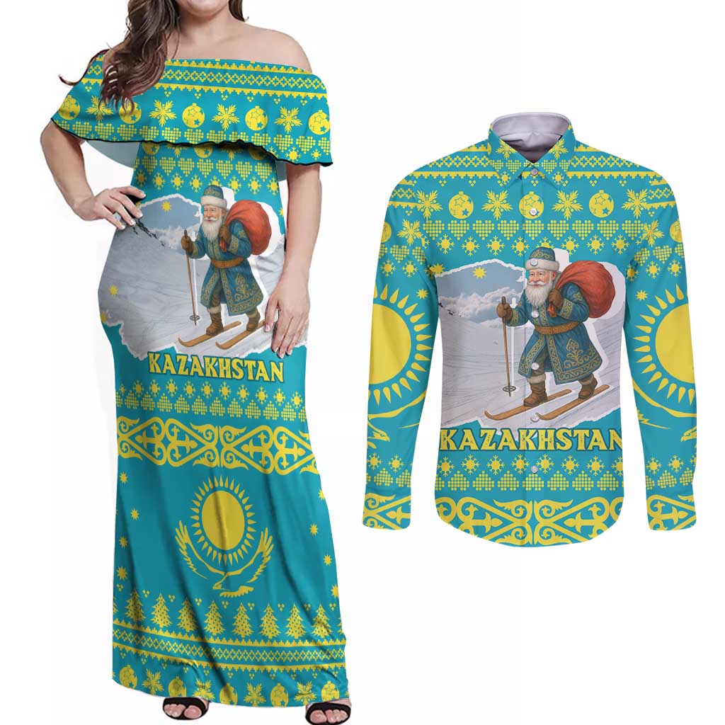 Kazakhstan Christmas Couples Matching Off Shoulder Maxi Dress and Long Sleeve Button Shirt with Santa Skiing in Traditional Outfit Snow Mountain and Sun Pattern - Wonder Print Shop