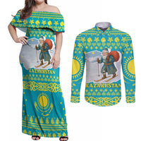 Kazakhstan Christmas Couples Matching Off Shoulder Maxi Dress and Long Sleeve Button Shirt with Santa Skiing in Traditional Outfit Snow Mountain and Sun Pattern - Wonder Print Shop