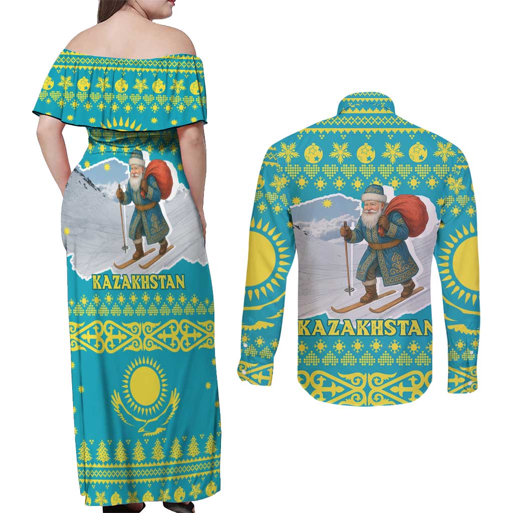 Kazakhstan Christmas Couples Matching Off Shoulder Maxi Dress and Long Sleeve Button Shirt with Santa Skiing in Traditional Outfit Snow Mountain and Sun Pattern - Wonder Print Shop