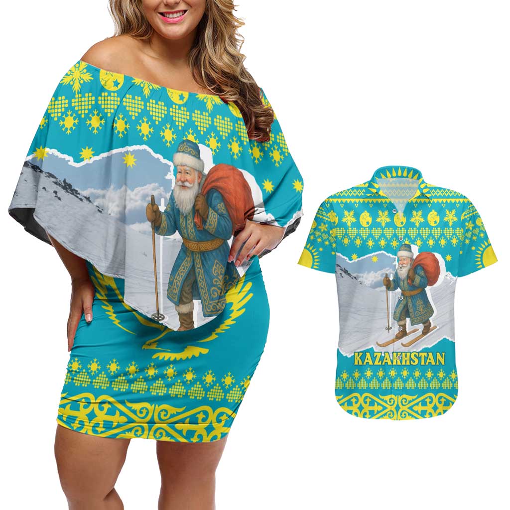 Kazakhstan Christmas Couples Matching Off Shoulder Short Dress and Hawaiian Shirt with Santa Skiing in Traditional Outfit Snow Mountain and Sun Pattern - Wonder Print Shop