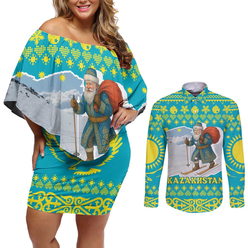 Kazakhstan Christmas Couples Matching Off Shoulder Short Dress and Long Sleeve Button Shirt with Santa Skiing in Traditional Outfit Snow Mountain and Sun Pattern - Wonder Print Shop