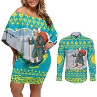 Kazakhstan Christmas Couples Matching Off Shoulder Short Dress and Long Sleeve Button Shirt with Santa Skiing in Traditional Outfit Snow Mountain and Sun Pattern - Wonder Print Shop