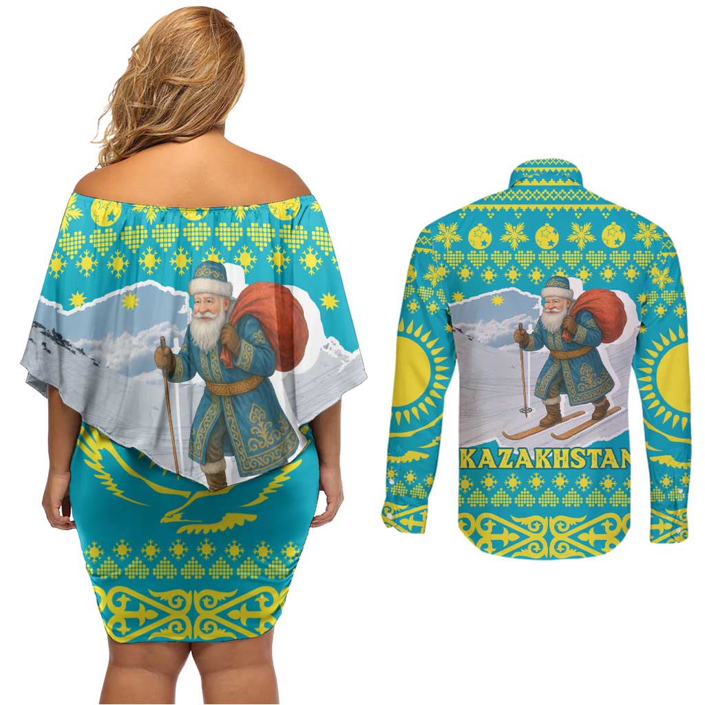 Kazakhstan Christmas Couples Matching Off Shoulder Short Dress and Long Sleeve Button Shirt with Santa Skiing in Traditional Outfit Snow Mountain and Sun Pattern - Wonder Print Shop