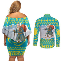 Kazakhstan Christmas Couples Matching Off Shoulder Short Dress and Long Sleeve Button Shirt with Santa Skiing in Traditional Outfit Snow Mountain and Sun Pattern - Wonder Print Shop