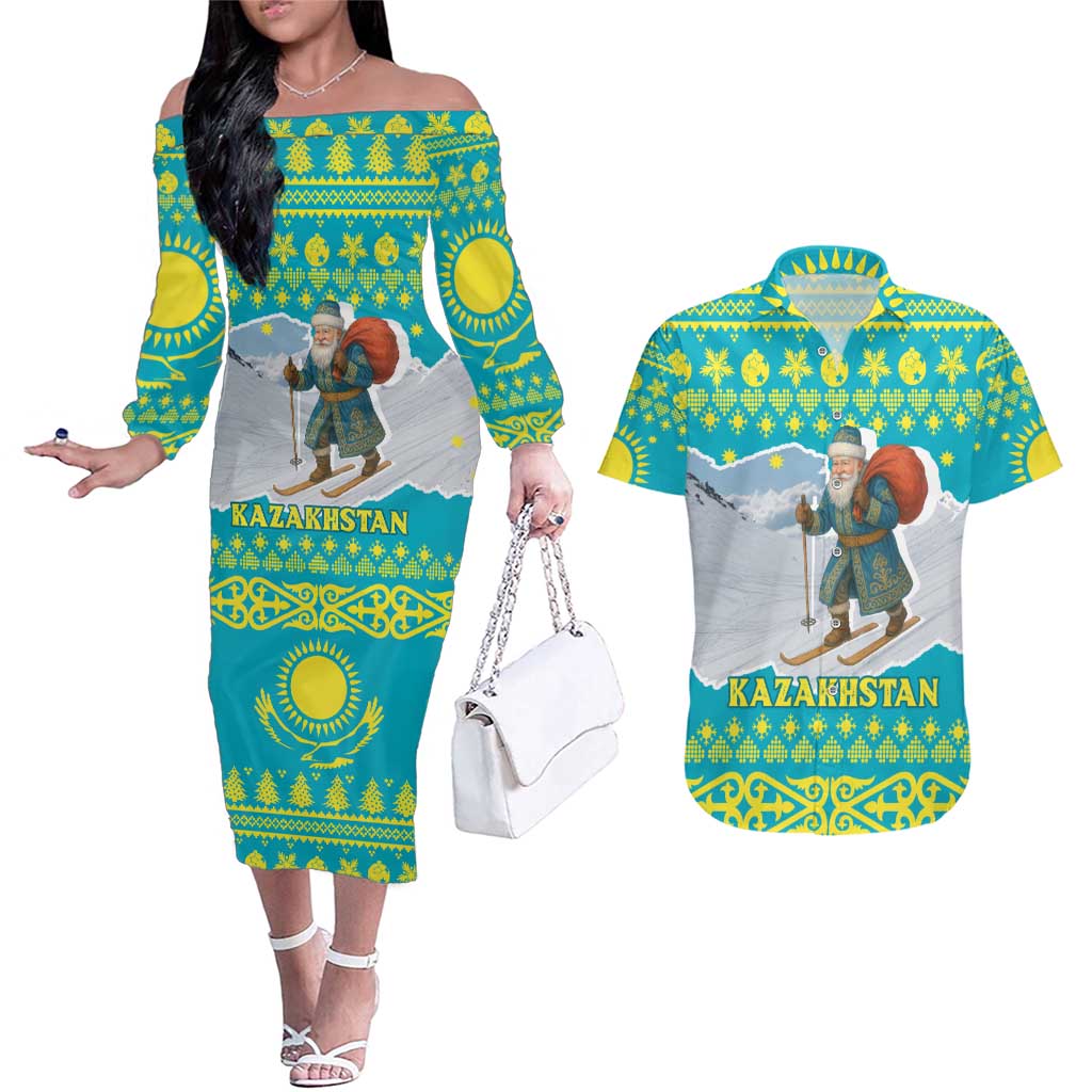 Kazakhstan Christmas Couples Matching Off The Shoulder Long Sleeve Dress and Hawaiian Shirt with Santa Skiing in Traditional Outfit Snow Mountain and Sun Pattern - Wonder Print Shop