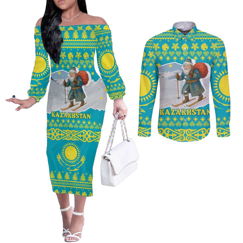 Kazakhstan Christmas Couples Matching Off The Shoulder Long Sleeve Dress and Long Sleeve Button Shirt with Santa Skiing in Traditional Outfit Snow Mountain and Sun Pattern - Wonder Print Shop
