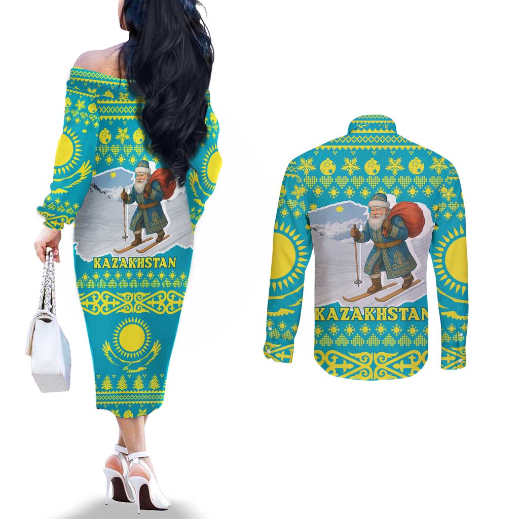 Kazakhstan Christmas Couples Matching Off The Shoulder Long Sleeve Dress and Long Sleeve Button Shirt with Santa Skiing in Traditional Outfit Snow Mountain and Sun Pattern - Wonder Print Shop