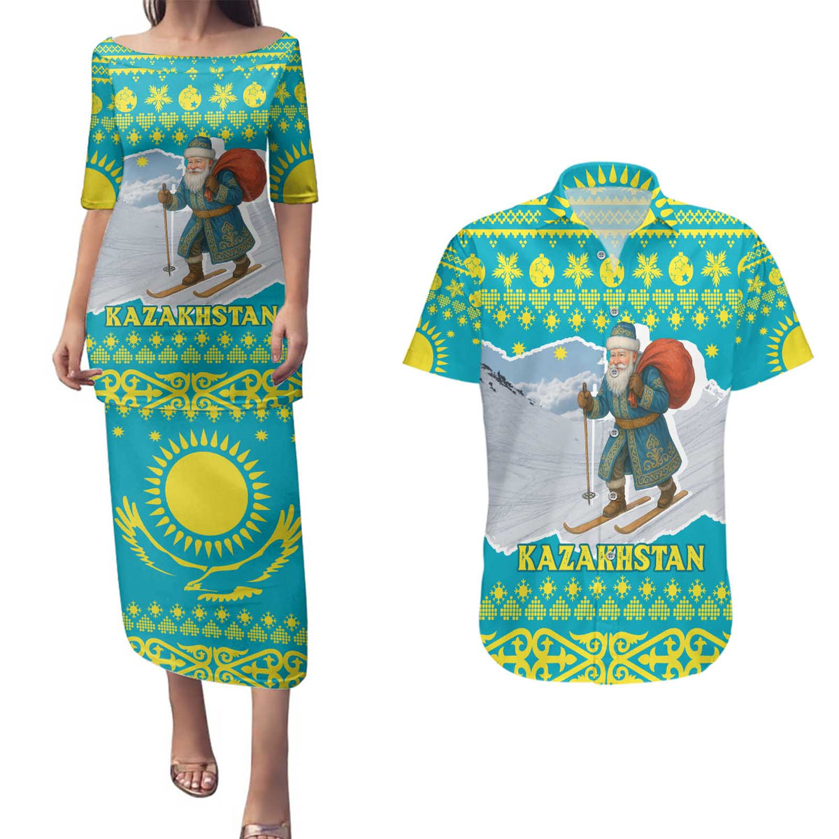 Kazakhstan Christmas Couples Matching Puletasi and Hawaiian Shirt with Santa Skiing in Traditional Outfit Snow Mountain and Sun Pattern - Wonder Print Shop