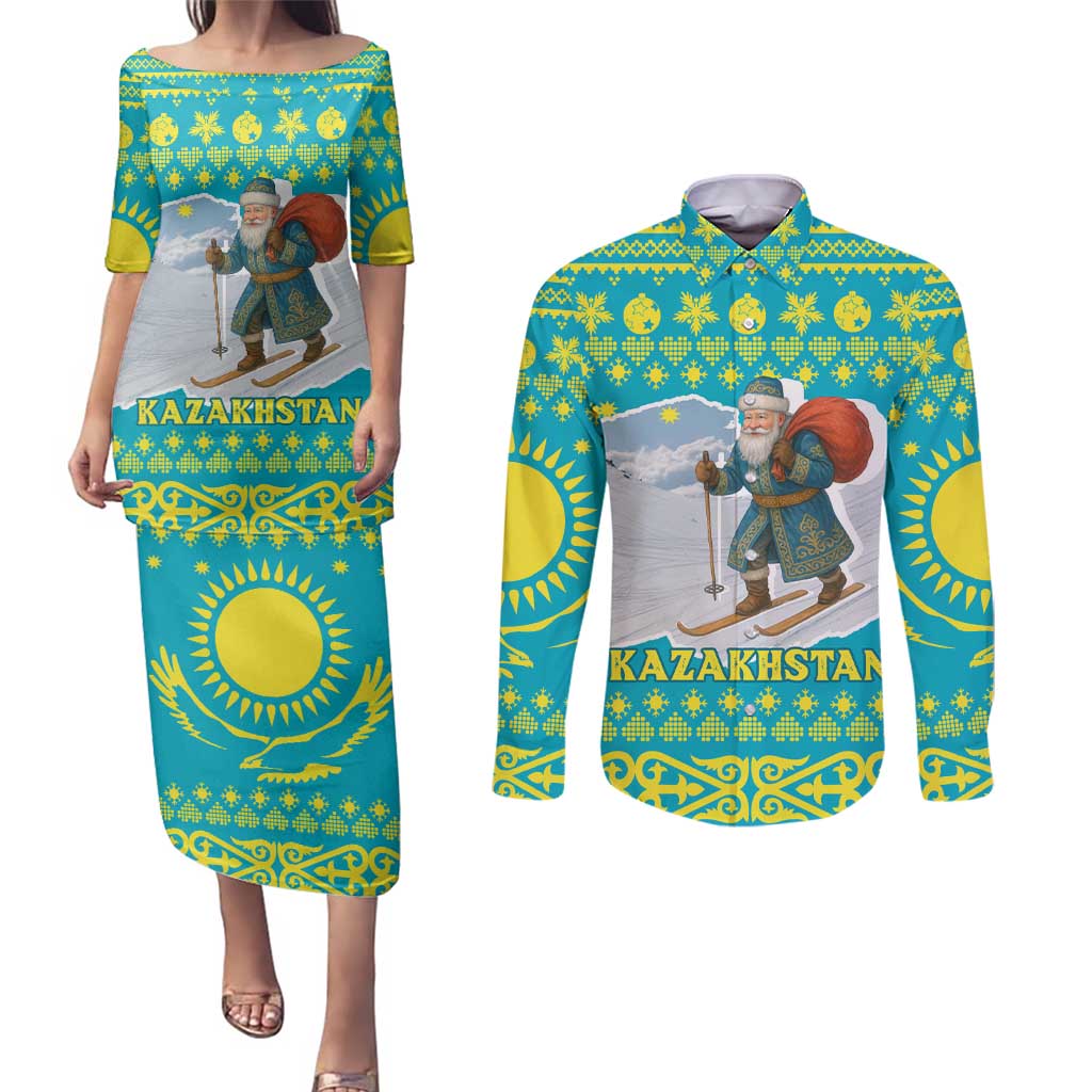 Kazakhstan Christmas Couples Matching Puletasi and Long Sleeve Button Shirt with Santa Skiing in Traditional Outfit Snow Mountain and Sun Pattern - Wonder Print Shop
