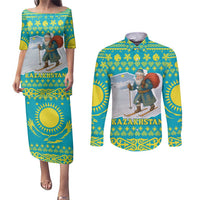 Kazakhstan Christmas Couples Matching Puletasi and Long Sleeve Button Shirt with Santa Skiing in Traditional Outfit Snow Mountain and Sun Pattern - Wonder Print Shop