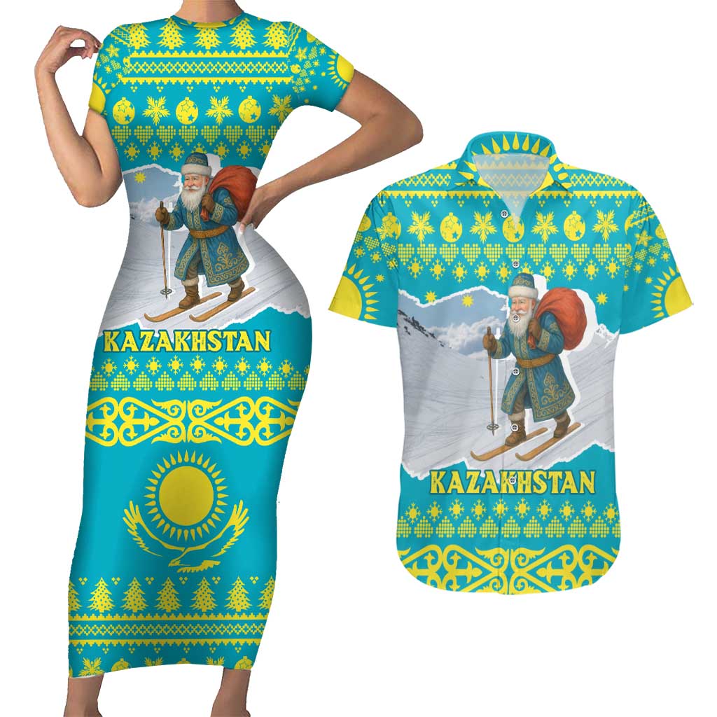 Kazakhstan Christmas Couples Matching Short Sleeve Bodycon Dress and Hawaiian Shirt with Santa Skiing in Traditional Outfit Snow Mountain and Sun Pattern - Wonder Print Shop