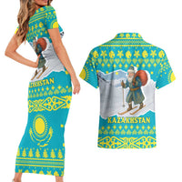 Kazakhstan Christmas Couples Matching Short Sleeve Bodycon Dress and Hawaiian Shirt with Santa Skiing in Traditional Outfit Snow Mountain and Sun Pattern - Wonder Print Shop