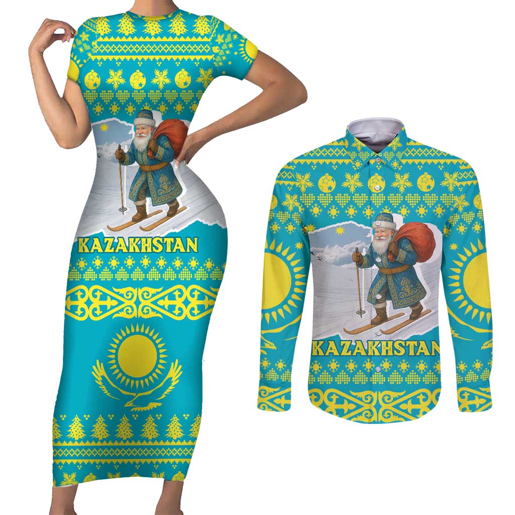 Kazakhstan Christmas Couples Matching Short Sleeve Bodycon Dress and Long Sleeve Button Shirt with Santa Skiing in Traditional Outfit Snow Mountain and Sun Pattern - Wonder Print Shop