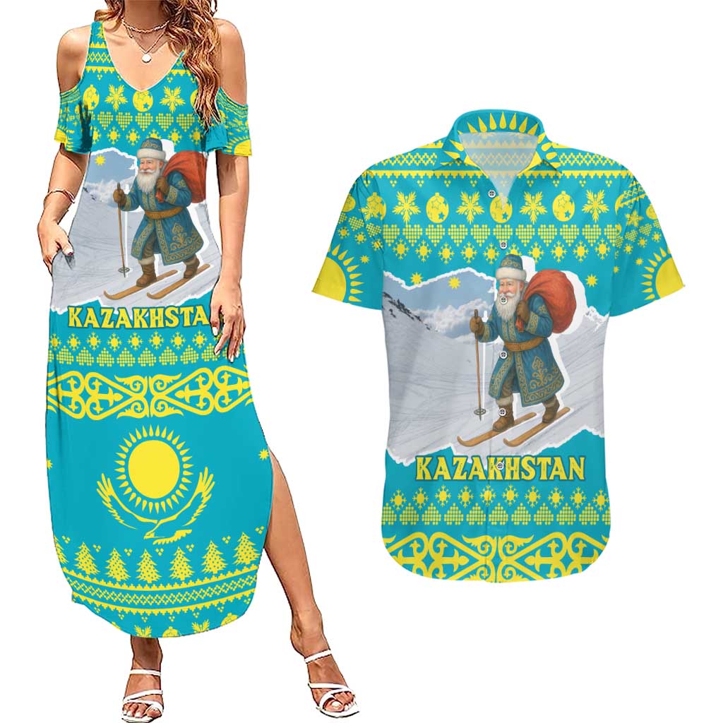 Kazakhstan Christmas Couples Matching Summer Maxi Dress and Hawaiian Shirt with Santa Skiing in Traditional Outfit Snow Mountain and Sun Pattern - Wonder Print Shop