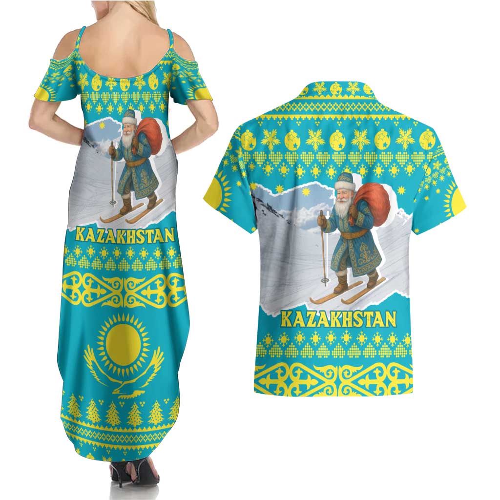 Kazakhstan Christmas Couples Matching Summer Maxi Dress and Hawaiian Shirt with Santa Skiing in Traditional Outfit Snow Mountain and Sun Pattern - Wonder Print Shop