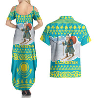 Kazakhstan Christmas Couples Matching Summer Maxi Dress and Hawaiian Shirt with Santa Skiing in Traditional Outfit Snow Mountain and Sun Pattern - Wonder Print Shop