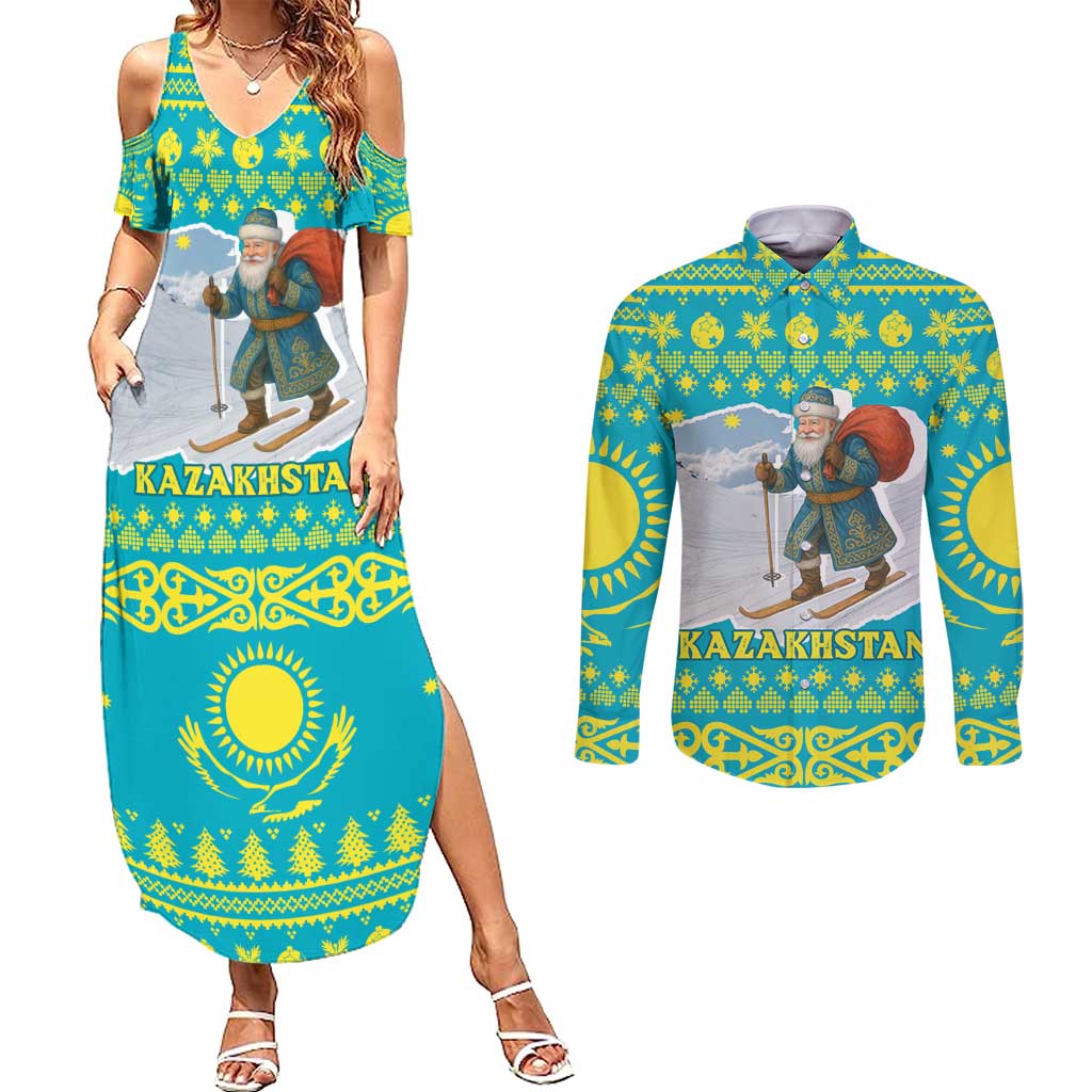 Kazakhstan Christmas Couples Matching Summer Maxi Dress and Long Sleeve Button Shirt with Santa Skiing in Traditional Outfit Snow Mountain and Sun Pattern - Wonder Print Shop