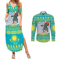 Kazakhstan Christmas Couples Matching Summer Maxi Dress and Long Sleeve Button Shirt with Santa Skiing in Traditional Outfit Snow Mountain and Sun Pattern - Wonder Print Shop