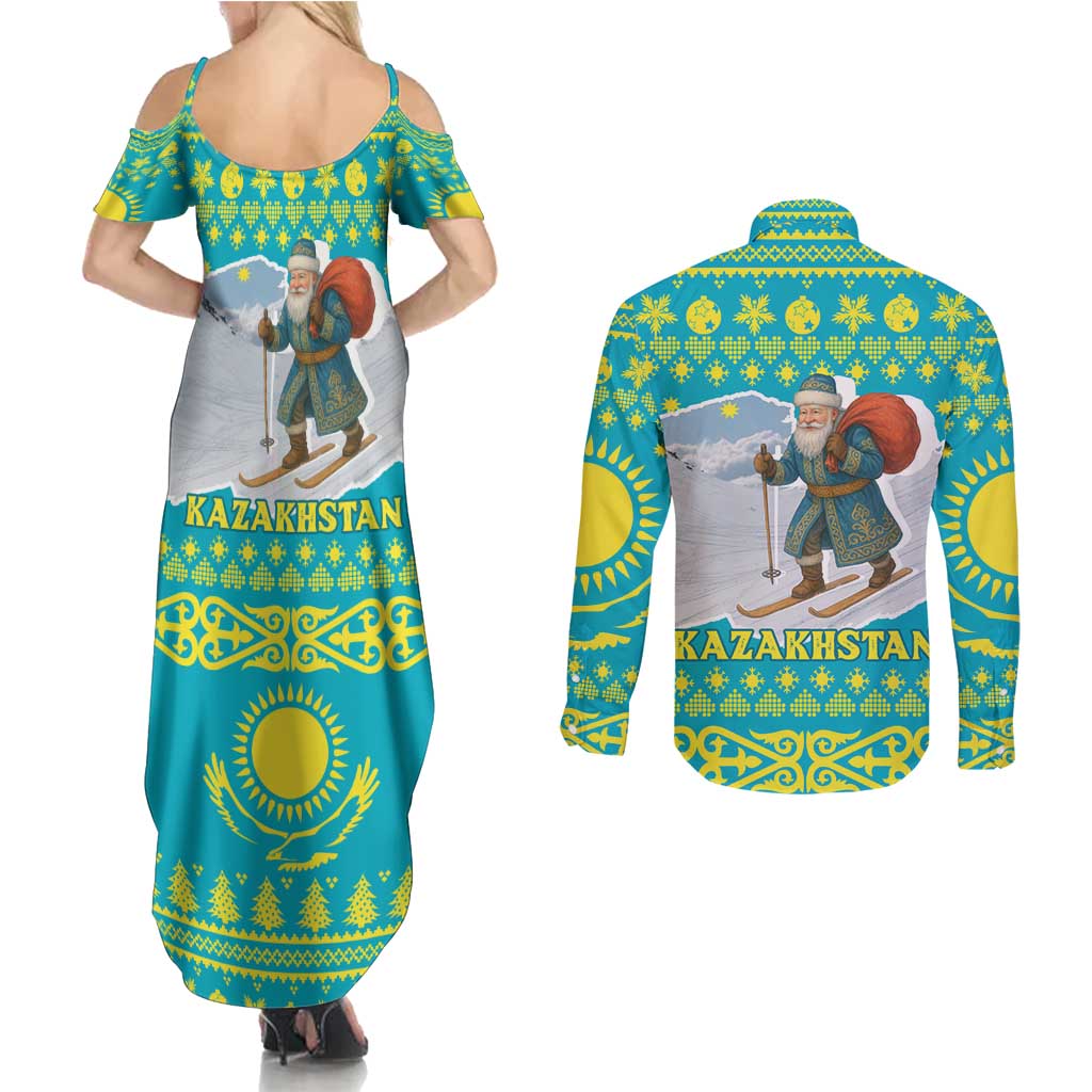 Kazakhstan Christmas Couples Matching Summer Maxi Dress and Long Sleeve Button Shirt with Santa Skiing in Traditional Outfit Snow Mountain and Sun Pattern - Wonder Print Shop